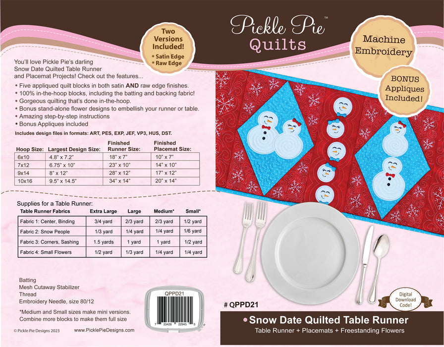 Snow Date Quilt Table Runner In the Hoop Machine Embroidery Design Set