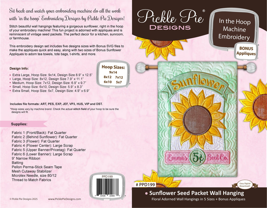 Sunflower Seed Packets Wall Hanging In the Hoop Embroidery Design