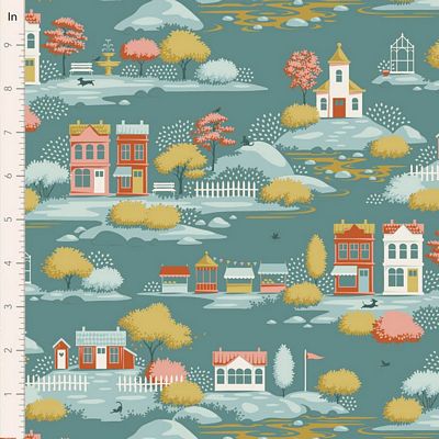 TIL Village Life - Village, Teal 44in Wide