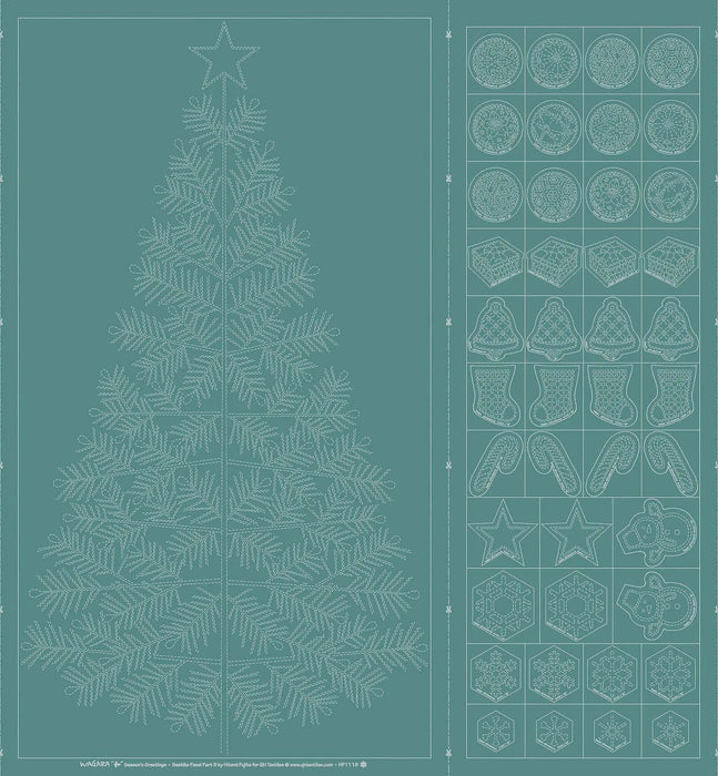 Wagara Sashiko Panel Season's Greeting Teal Blue