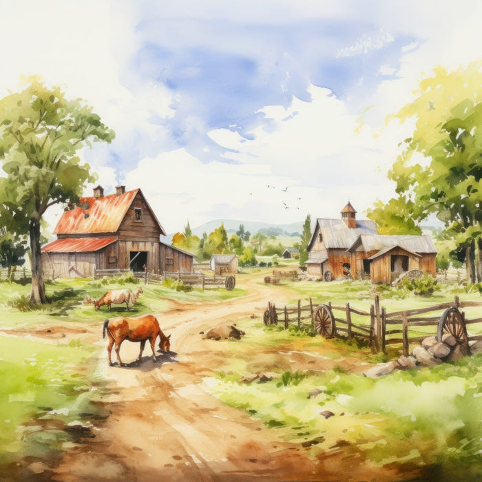 Watercolor Farm Life Fabric Panel 11