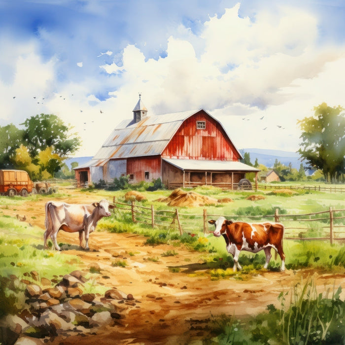 Watercolor Farm Life Fabric Panel 14