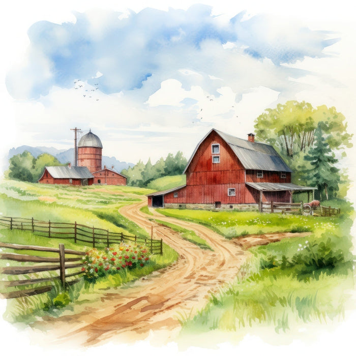 Watercolor Farm Life Fabric Panel 17