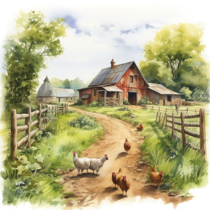 Watercolor Farm Life Fabric Panel 6