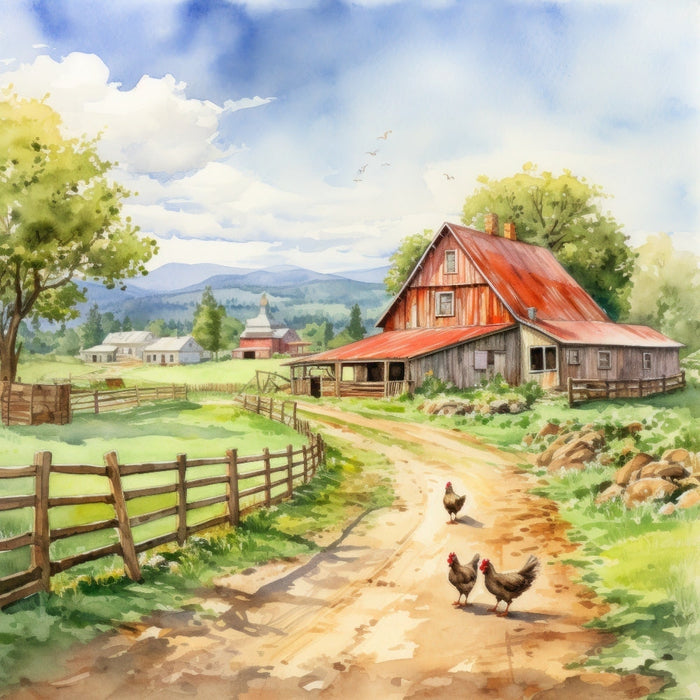 Watercolor Farm Life Fabric Panel 8