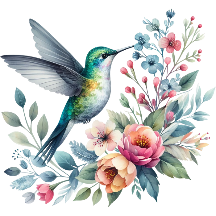 Watercolor Hummingbird Floral Fabric Panel 10