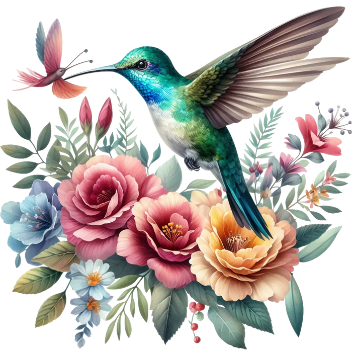 Watercolor Hummingbird Floral Fabric Panel 11