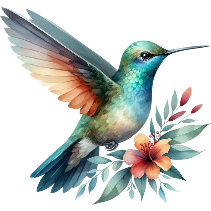 Watercolor Hummingbird Floral Fabric Panel 12