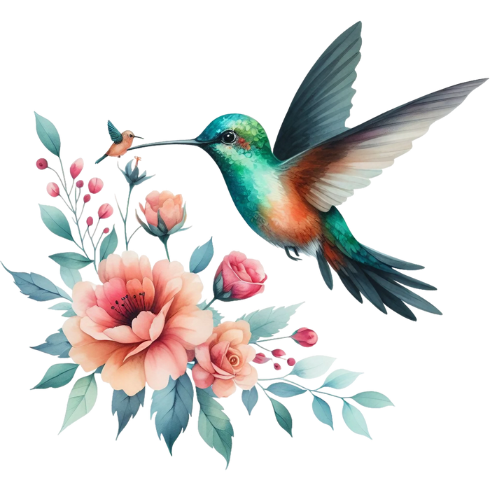Watercolor Hummingbird Floral Fabric Panel 13
