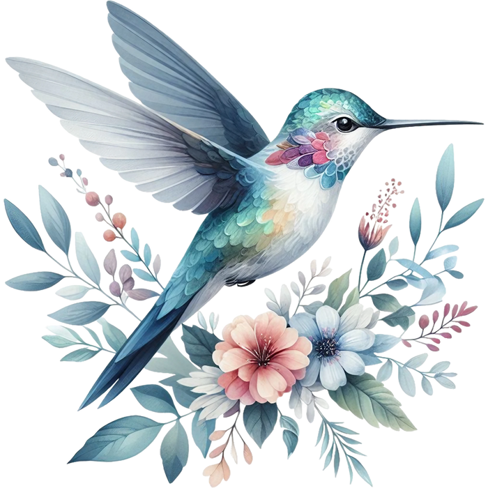 Watercolor Hummingbird Floral Fabric Panel 15