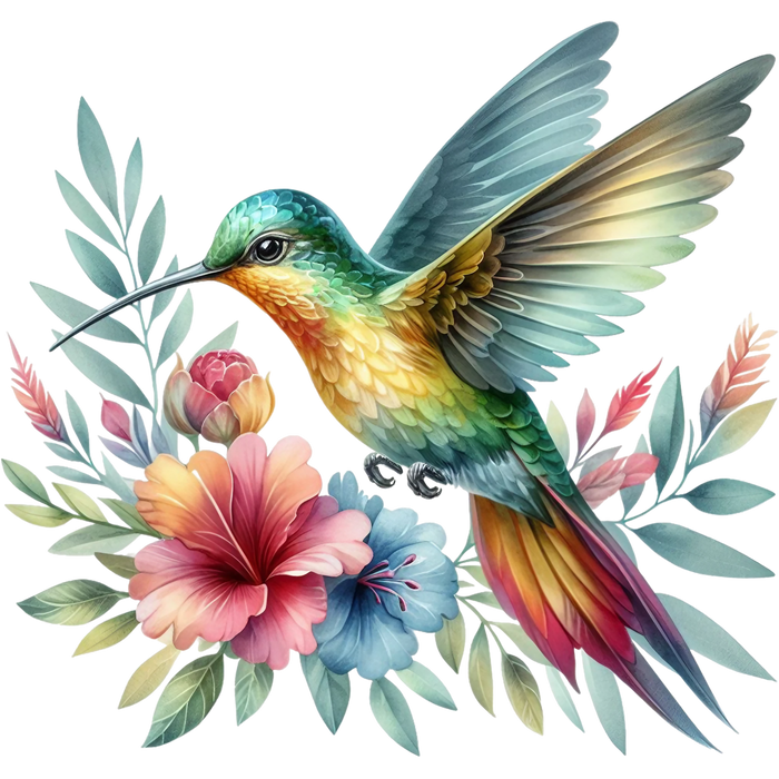 Watercolor Hummingbird Floral Fabric Panel 16