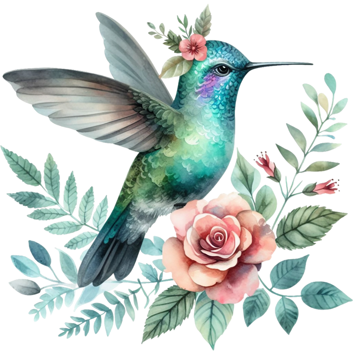 Watercolor Hummingbird Floral Fabric Panel 17