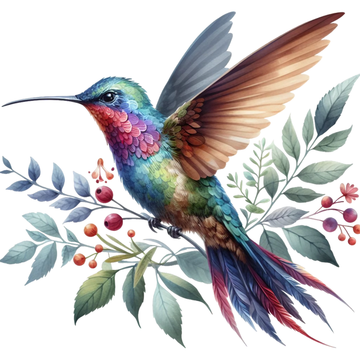 Watercolor Hummingbird Floral Fabric Panel 18