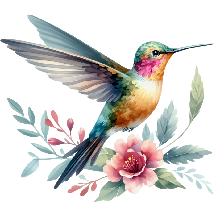 Watercolor Hummingbird Floral Fabric Panel 19