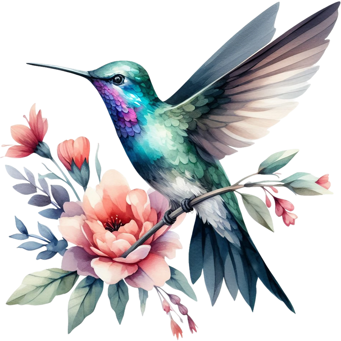 Watercolor Hummingbird Floral Fabric Panel 1