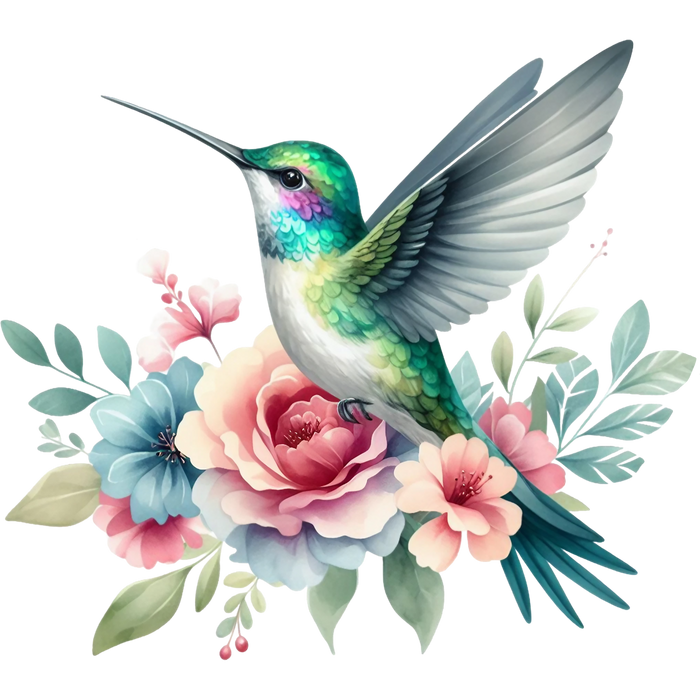 Watercolor Hummingbird Floral Fabric Panel 20