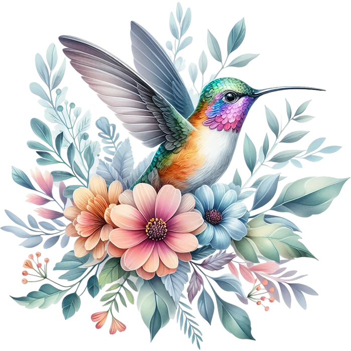 Watercolor Hummingbird Floral Fabric Panel 22