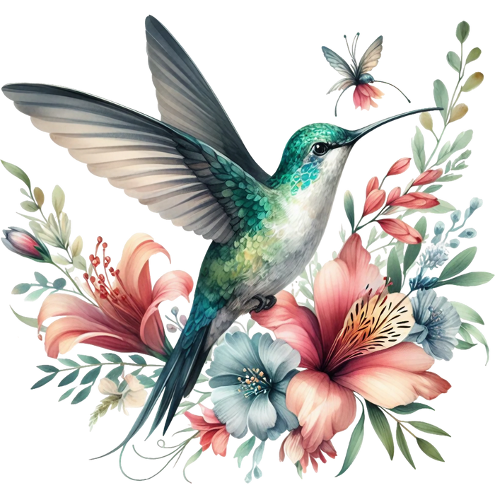 Watercolor Hummingbird Floral Fabric Panel 23