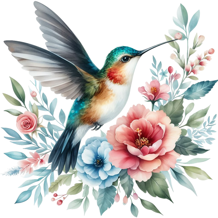 Watercolor Hummingbird Floral Fabric Panel 24