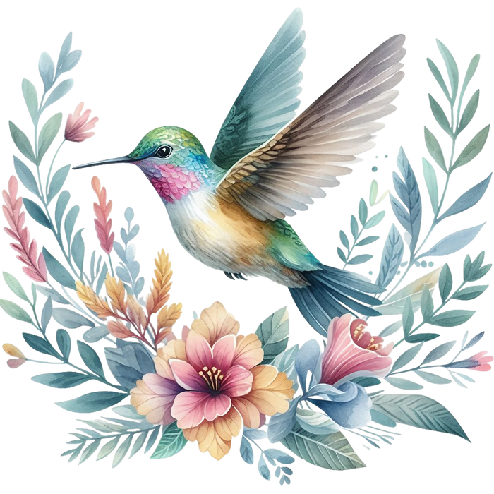 Watercolor Hummingbird Floral Fabric Panel 26