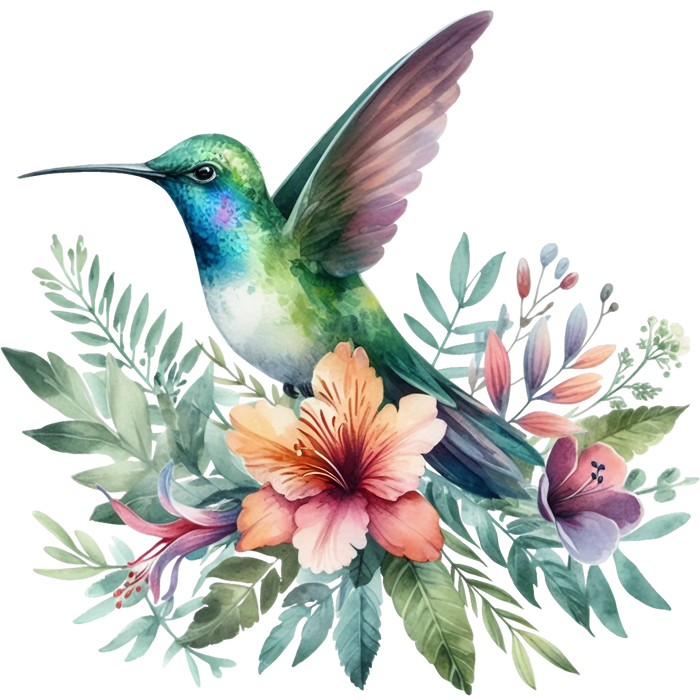 Watercolor Hummingbird Floral Fabric Panel 27