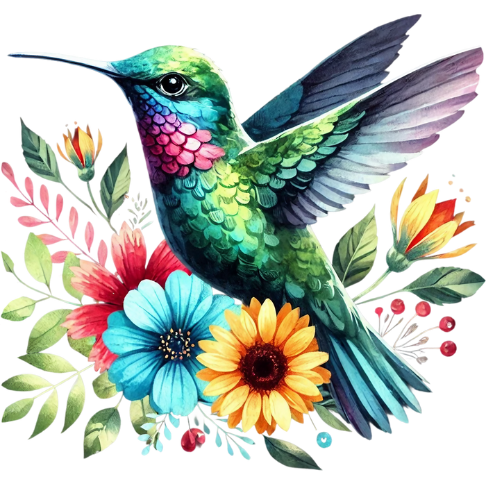 Watercolor Hummingbird Floral Fabric Panel 28