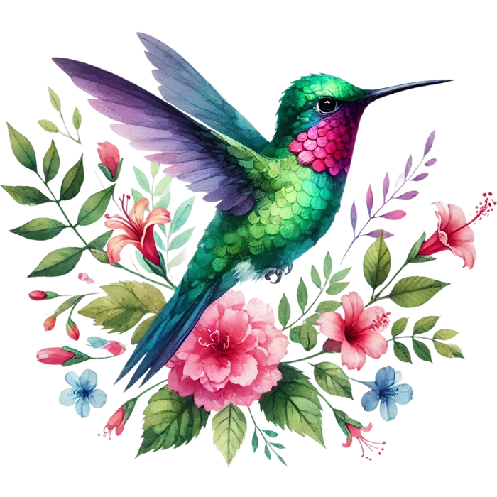 Watercolor Hummingbird Floral Fabric Panel 29