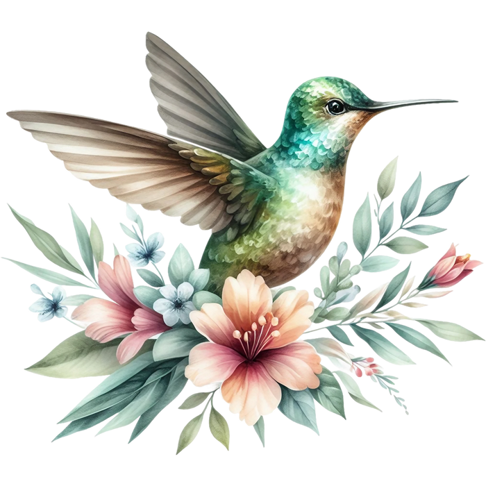 Watercolor Hummingbird Floral Fabric Panel 2
