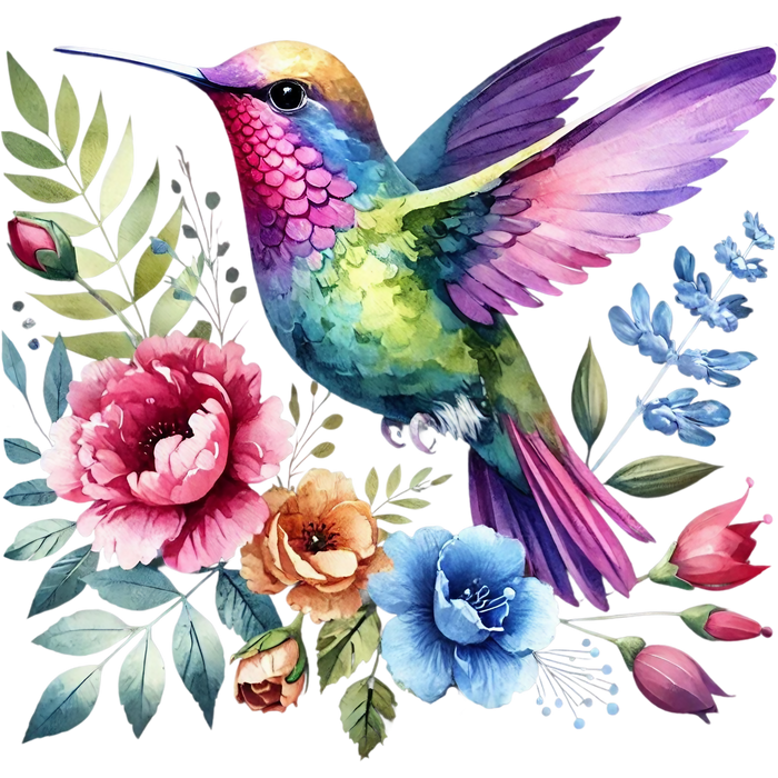 Watercolor Hummingbird Floral Fabric Panel 31