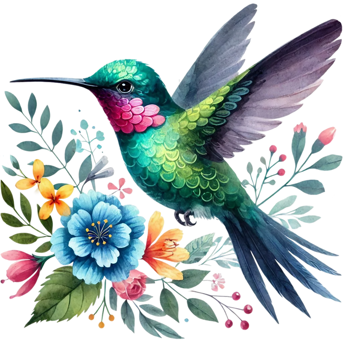 Watercolor Hummingbird Floral Fabric Panel 33
