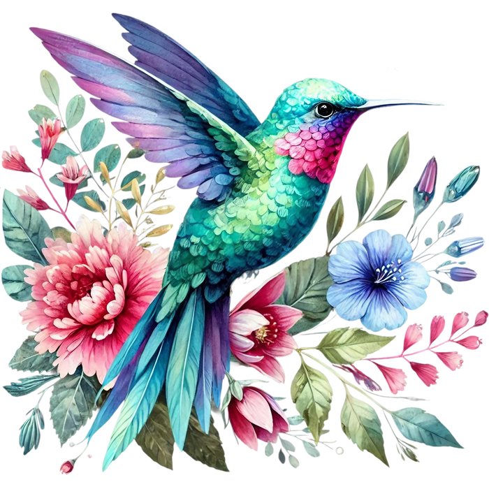 Watercolor Hummingbird Floral Fabric Panel 35