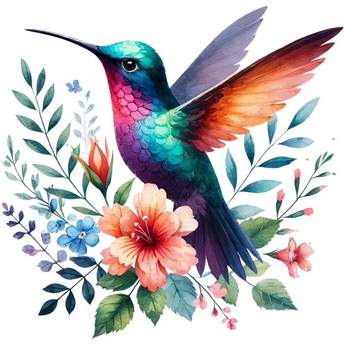 Watercolor Hummingbird Floral Fabric Panel 36