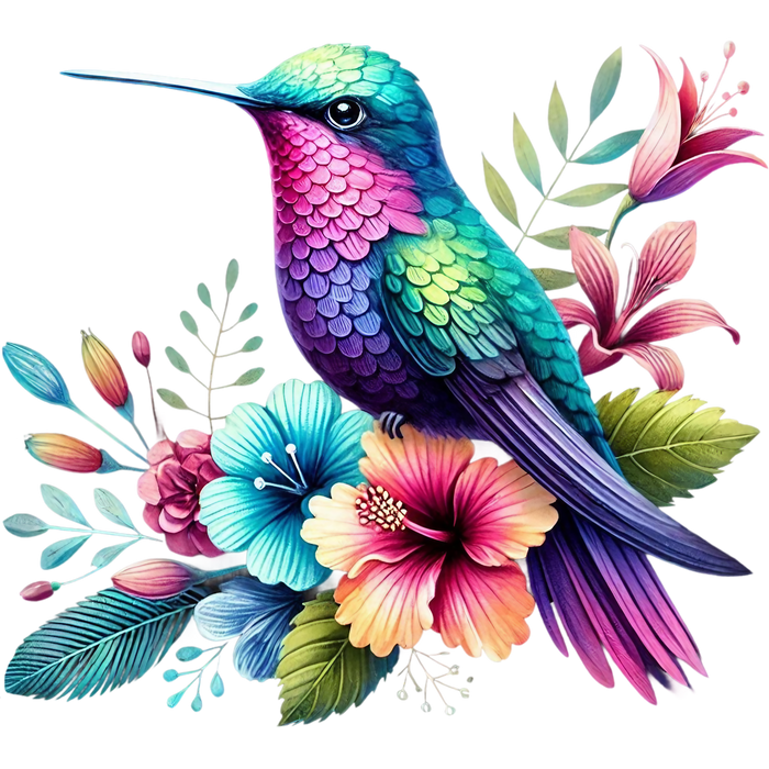 Watercolor Hummingbird Floral Fabric Panel 37