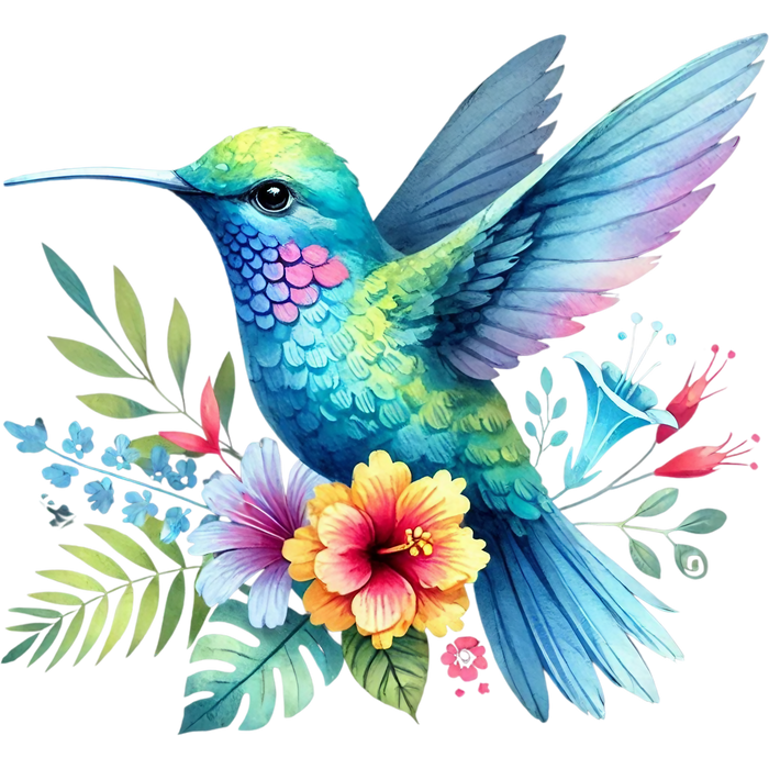 Watercolor Hummingbird Floral Fabric Panel 38