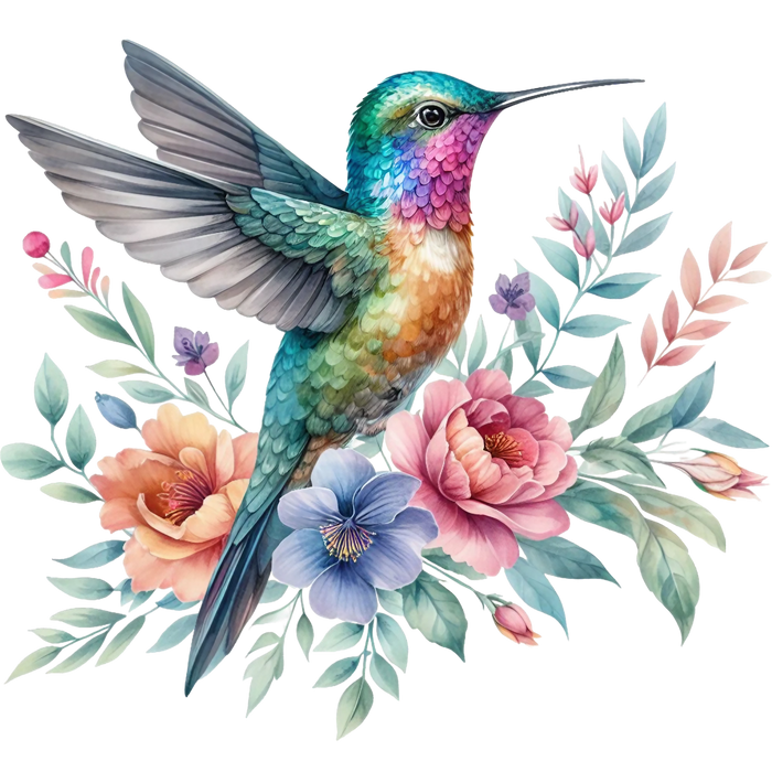 Watercolor Hummingbird Floral Fabric Panel 3