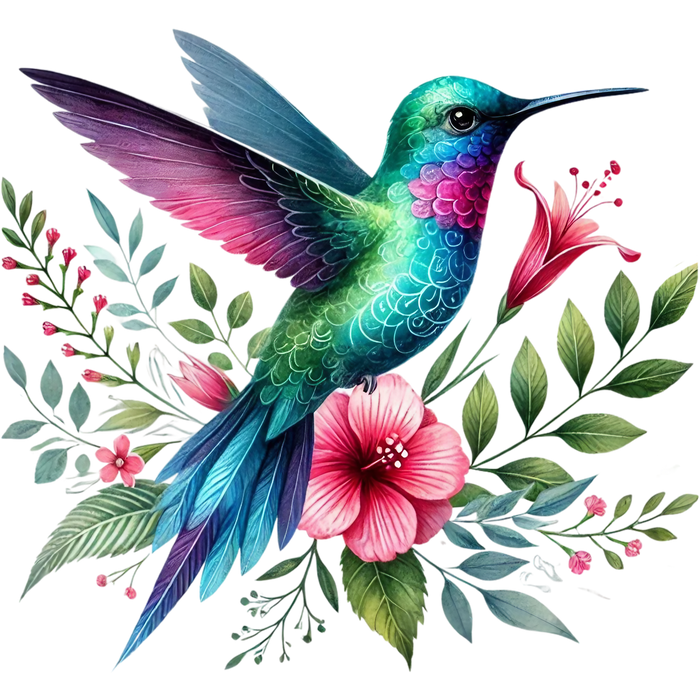 Watercolor Hummingbird Floral Fabric Panel 40