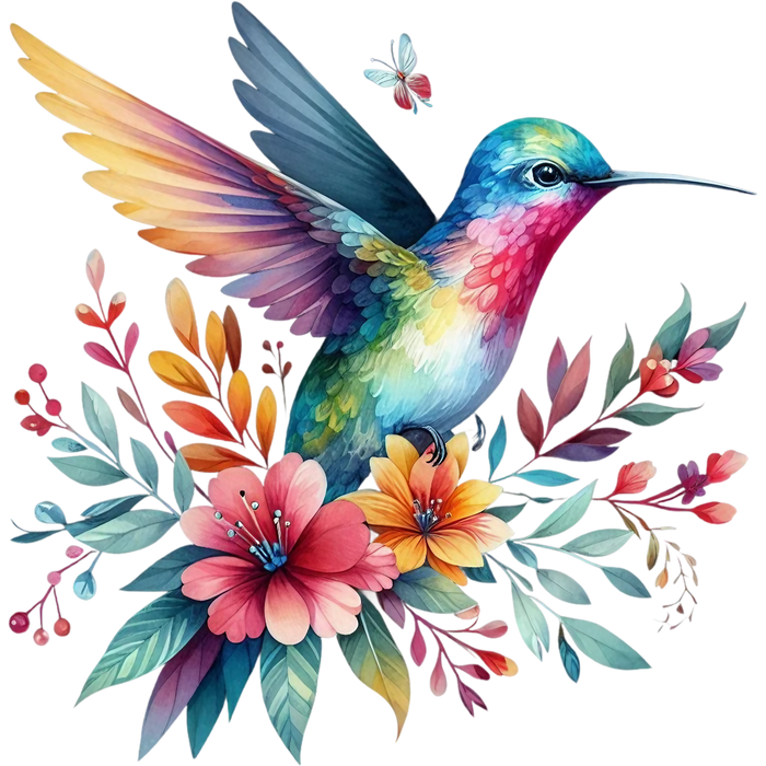 Watercolor Hummingbird Floral Fabric Panel 41