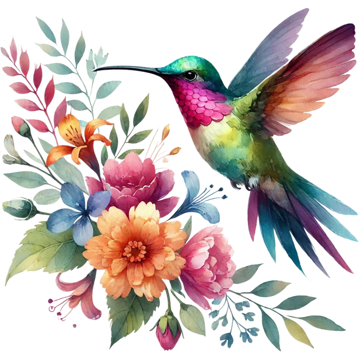 Watercolor Hummingbird Floral Fabric Panel 42