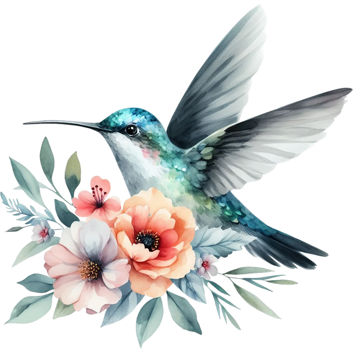 Watercolor Hummingbird Floral Fabric Panel 5