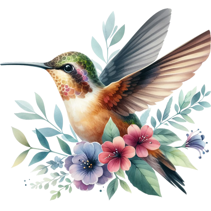 Watercolor Hummingbird Floral Fabric Panel 6