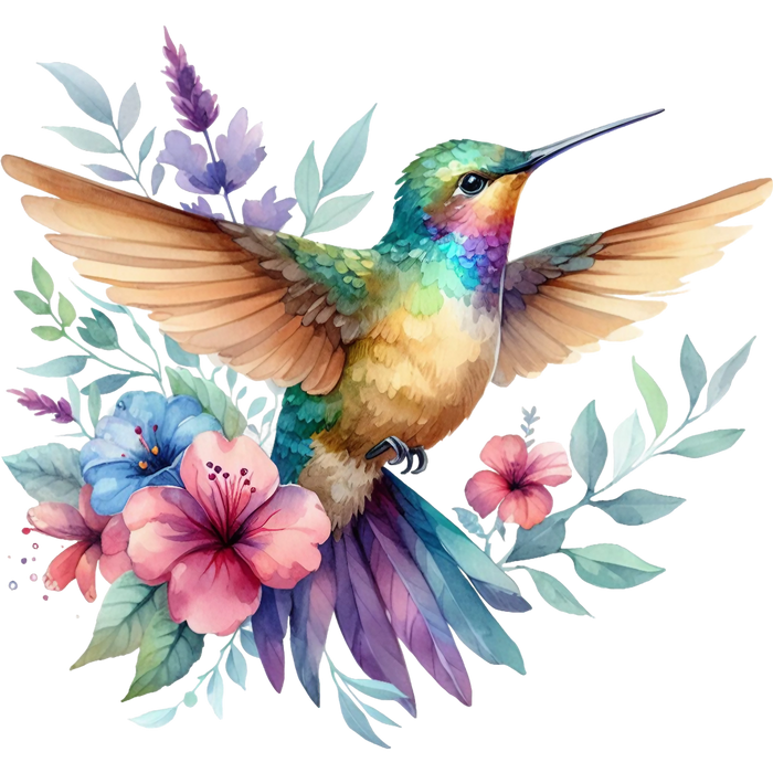 Watercolor Hummingbird Floral Fabric Panel 8