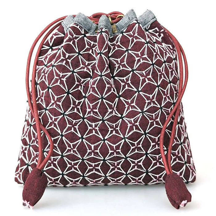 Weaving Sashiko Koki Drawstring Bag Half Kit Burgundy