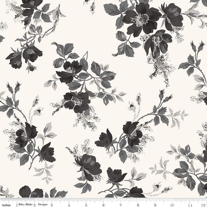 Wide Back Ink & Ivory Large Floral Ivory Cotton Wideback Fabric per yard