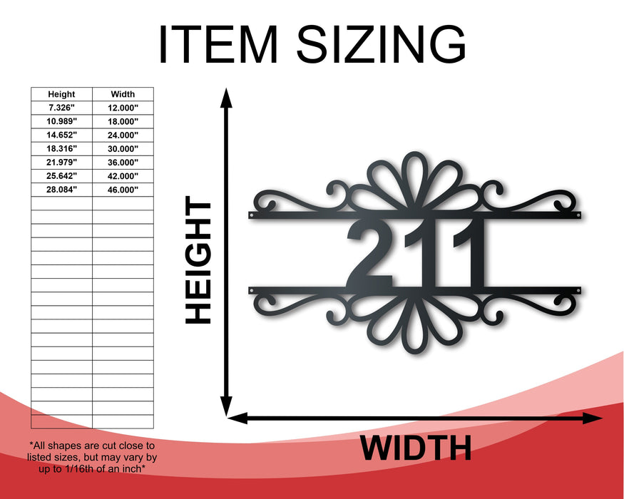 Custom Metal Flourish Address Wall Art | House Number Sign | Indoor Outdoor | Up to 46" | Over 20 Color Options