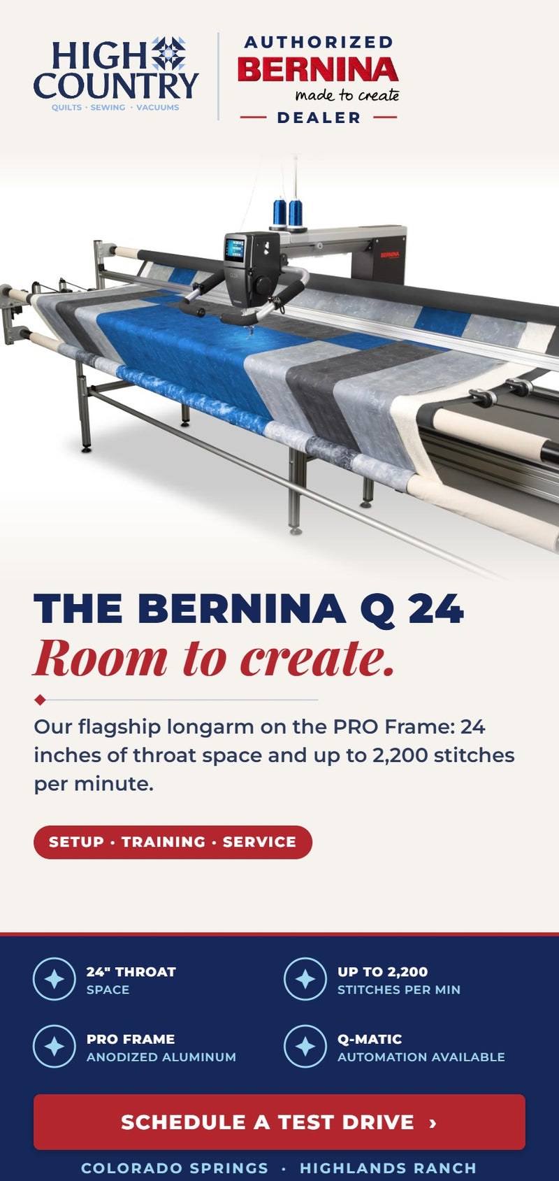 BERNINA Q 24 longarm quilting machine on the PRO Frame at High Country Quilts, with certified setup, training and in-house service. Schedule a test drive in Colorado Springs or Highlands Ranch.