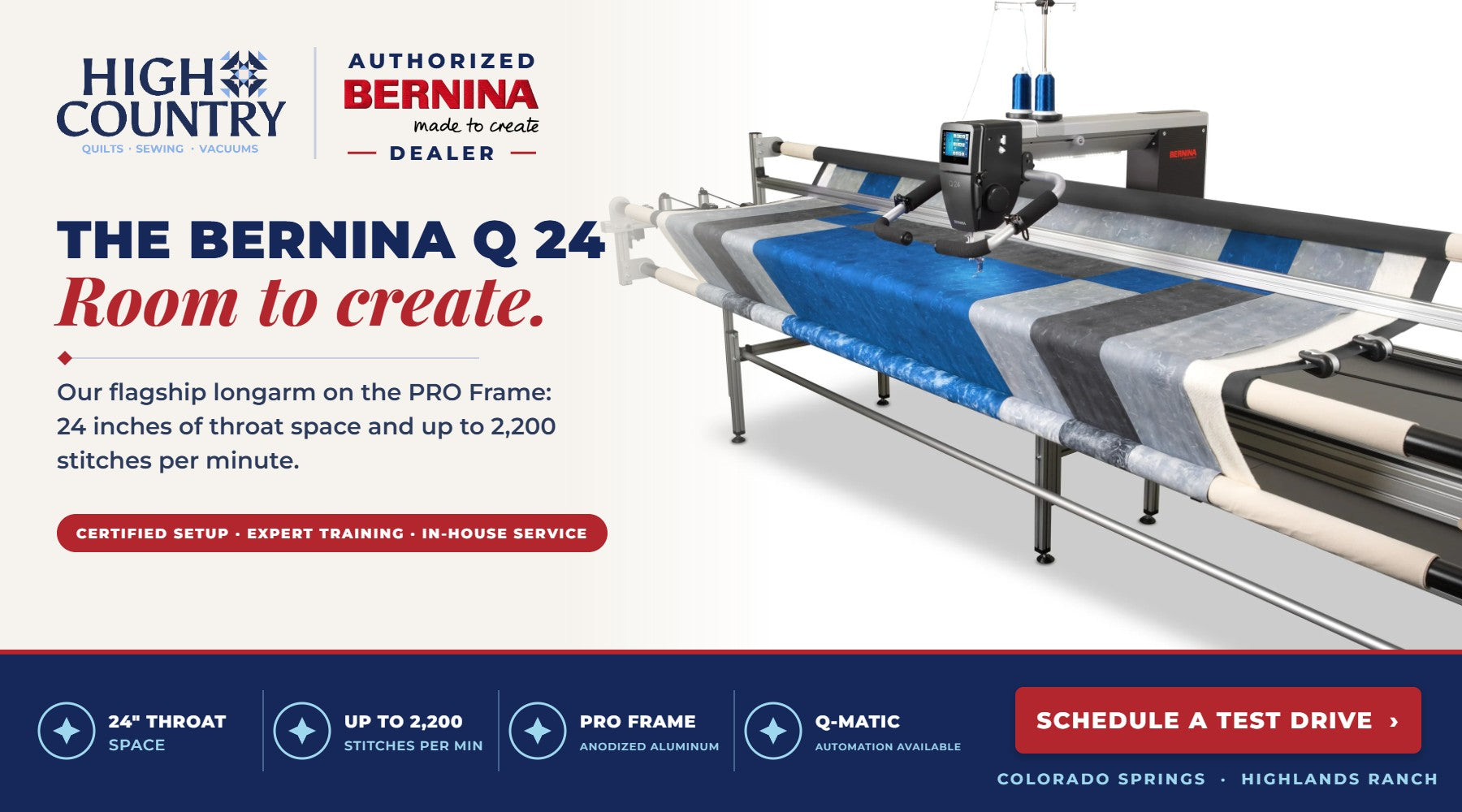 BERNINA Q 24 longarm quilting machine on the PRO Frame at High Country Quilts, with certified setup, training and in-house service. Schedule a test drive in Colorado Springs or Highlands Ranch.