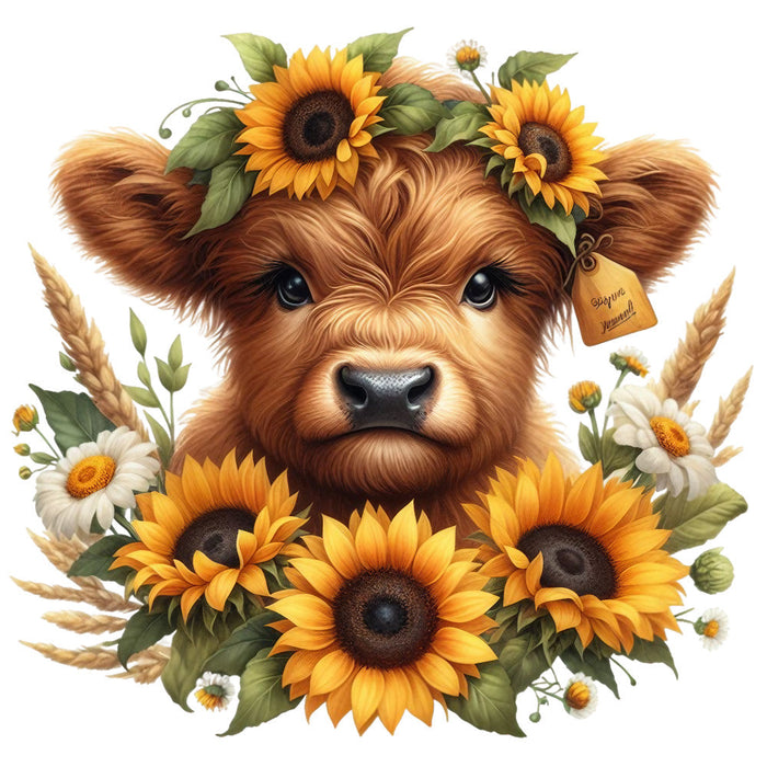 Rustic Sunflower Highland Cows Fabric Panel 3