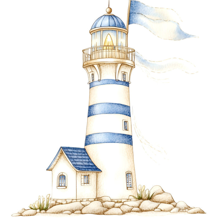 Watercolor Nautical Lighthouse Fabric Panel 12