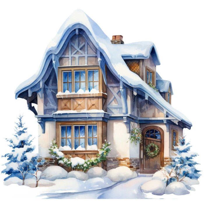 Watercolor Winter Houses Fabric Panel 10
