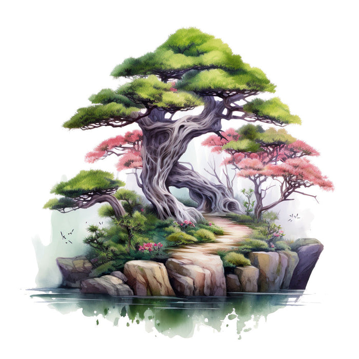 Watercolor Bonsai Tree Fabric Panel 9